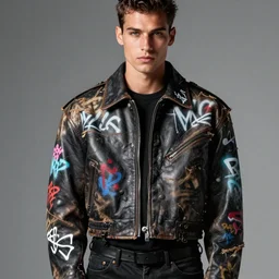 an editorial photo of a male model wearing a distressed baggy cropped leather menswear jacket with graffiti all over, 4 k, studio lighting