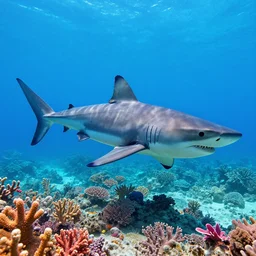 a coral reef, bright colours, megaladon shark, hyper realistic, crystal clear blue underwater, 1 million point cloud digital image, unreal engine,