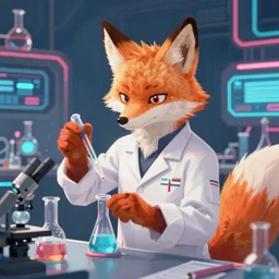 a orange scientist fox fursona wearing a white work uniform doing chemical experiments in his labor trending on artstation by kawacy furry art digital art cyberpunk high quality