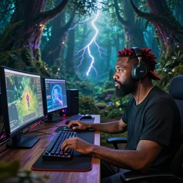 a professional photo of vinny vinesauce streaming and playing computer games from an enchanted forest, sharp lightning, very detailed, backlighting, iphone 4 k, wide lens