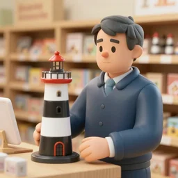 terry pratchett librarian holding lighthouse toy at toy shop, edge of the world, discworld, travel poster artwork by michael whelan and tomer hanuka, high contrast, full of details, by makoto shinkai and thomas kinkade, matte painting, trending on artstation and unreal engine