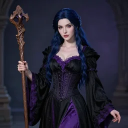 Pretty Sorceress, wearing Black and purple robes, Dark blue hair, magic wooden staff, fully covered, corset, Epic fantasy, romantic lead, pretty face, trending by artstation, artstationhd, artstationhq, matte painting, 8k UHD