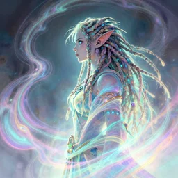 side profile, female goblin - orc druid, dreadlocks, gloomhaven, luminescent, colorful swirly magic ripples, pastel colors, by greg manchess, huang guangjian, gil elvgren, sachin teng, greg rutkowski, jesper ejsing, ilya kuvshinov