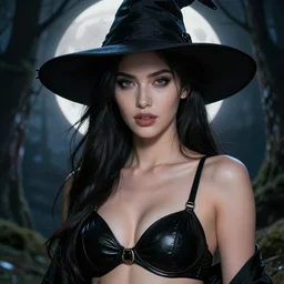 close - up portrait of an attractive witch in front of the full big moon in a fantasy forest, black leather bra, by james gurney, max liebermann, greg rutkowski, highly detailed digital art, artstation