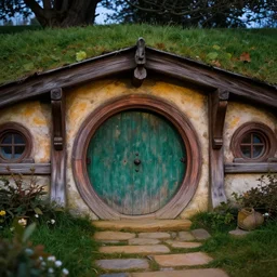 realistic macro photo of architecture of hobbiton house with highly intricate door, small walkway with arch, evening, highly detailed matte painting, by stanley artgerm lau, greg rutkowski, thomas kinkade, alphonse mucha, loish, norman rockwell, artstation