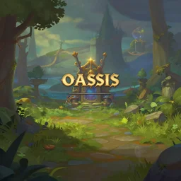 oasis, in concept art of main menu loading screen background. for russian mmorpg by katauri, artstation, behance, style of hearthstone