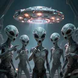 Gray aliens pointing with their mouths open and a glowing spaceship in the background
