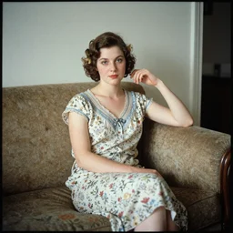 a vintage 1 9 1 0 s kodachrome slide of a young woman at home sitting on a couch.