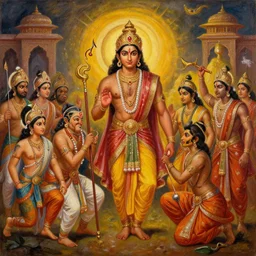 an epic cinematic scene from Ramayan, by M F Hussain, oil on canvas, trending on ArtStation, detailed, 8K, HDR, HD,