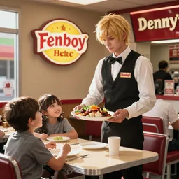 Astolfo from Fate working as a waiter and serving a family at Femboy Denny's restaurant