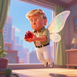 little ginger donald trump, wearing white pants and khaki shirt, floating in air in a room, fairy wings at his back, jar of jelly in hands, closeup, modern city through window, concept art, artstation, disney, pixar, dreamworks, tyler edlin, feng zhu, jparked, thomas karpi