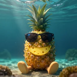 a single delicious pineapple with cool sunglasses and a big cheesey grin sitting underwater, digital art, concept art, trending on DeviantArt, trending on Artstation, high quality, 8K HDR, octane render, unreal engine 5, path tracing, dramatic lighting, cinematic, highly detailed, hyper realistic, medium shot
