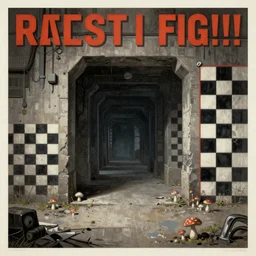 [Underground city with checkered!! flags, brutalism! and little mushrooms. Propaganda!!! poster!!!!!, elegant, highly detailed, digital painting, artstation, concept art, matte, sharp focus, illustration, art by Enki Bilal and Moebius]