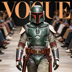 boba fett fashion. catwalk photo. vogue magazine cover with text. highly detailed