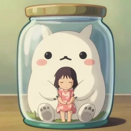 kawaii, a beautiful adorable big creature sitting in a jar, kate beckinsale as cute girl, by makoto shinkai an krenz cushart