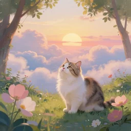 a beautiful painting of cat garden, heavenly clouds, beautiful sunrise