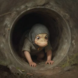 a shrew in a little tunnel. pulp sci - fi art. soft lighting. muted colors. dark background