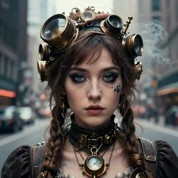 closeup portrait of a steampunk princess in smoky cyberpunk new york, by Steve McCurry and David Lazar, natural light, detailed face, CANON Eos C300, ƒ1.8, 35mm, 8K, medium-format print