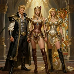 paintings of cinematic stills from the soulcalibur and xena warrior princess crossover, by nixeu, by mucha, gothic and victorian and roman architecture, intricate jewelry, vests, corsets, kneehigh boots, ornate, filigree, bloom, rim lighting, cinematic lighting, god rays, artstation, cgsociety, rendered in octane.