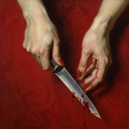 by 1 9 th century famous painter, hands, nail polish, blood smear, blood dripping, horror, knife, realism, realistic, oil painting, red wallpaper background