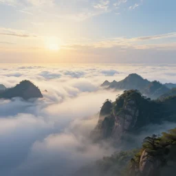 painting of dreamy mountains and sea of clouds, sunlit sky, super wide angle, deep focus, concept art, 8 k detail post - processing