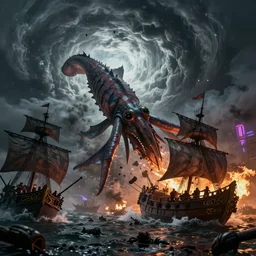 giant squid attacking pirate ships, war, people drowning, dramatic swirling clouds, storm, smoke, fire, chaos, photo realistic, 8k, artstation, Blade runner, neon signs in the distance, dark, cinematic, high contrast, epic