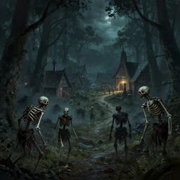 dangerous skeletons and zombies in a forest at night approaching a village, dnd, concept art, fantasy art, 4 k, artstation