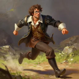 man with curly and round glasses chasing a french musketeer, fantasy, digital painting, dramatic lighting, vibrant setting, realistic shading, unreal engine 5, concept art, ultra detailed, trending artstation