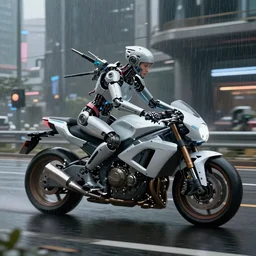 a beautiful ultradetailed concept art of a cyborg riding a motorcycle in a futuristic city road, side view,  by ryan church, trending in behance, cybernetic scifi, octane render, cinematic dynamic lighting as featured in Tron, just after rain
