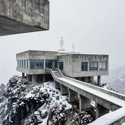 snow falling on brutalist monastery, the monastery is on top of a black snowy mountain, the concrete monastery has walkways, skybridges, stairways, white marble statues on pedestals in the background, depth of field, sharp focus, clear focus, beautiful, award winning architecture, hopeful, quiet, calm, serene