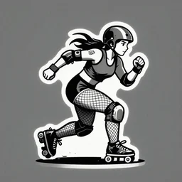 logo design, roller derby girl sprinting Cross-Over, full length portrait, fishnet tights, torn, ripped, fists in the air, mcbess