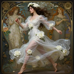 beautiful woman dressed in a vaporous wrapped large victorian white roses silk semi-transparent dress fashion is running, D&D, fantasy, intricate, elegant, highly detailed, digital painting, trending on artstation, concept art, matte, sharp focus, illustration, art by Artgerm and Greg Rutkowski and Alphonse Mucha, instagram model