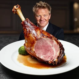 gordon ramsay as a cooked leg of ham on a plate