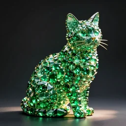 backlit sculpture of a cat made of bright green emerald stones