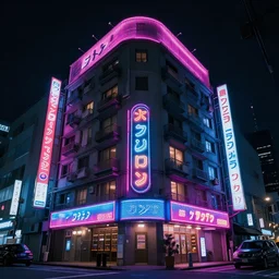 A cyberpunk building at night, it functions as an appartment building, Neon japanese signs