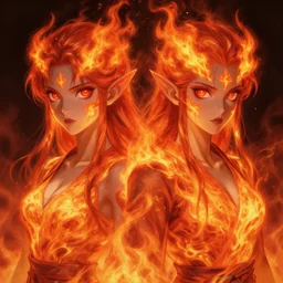 A realistic anime portrait of a beautiful fire spirit twins with glowing red eyes and firey skin wearing clothes made of flames, digital painting, by Stanley Artgerm Lau, Sakimichan, WLOP and Rossdraws, digtial painting, trending on ArtStation, SFW version