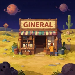in front of a [ [ [ general store ] ] ] in a remote outpost, on an alien planet, from a space themed point and click 2 d graphic adventure game, art inspired by [ [ thomas kinkade ] ] and mark keathley