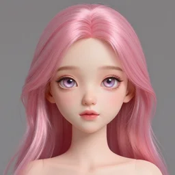 of a 2 d girl with 3 d oil pink hair realistic eyes with minimal holographic features