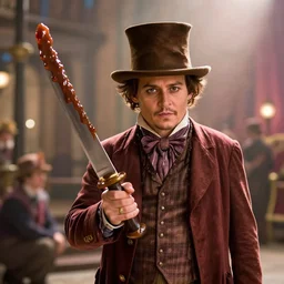 cinematic still of johnny depp playing a whimsical character holding a large knife covered in dripping fudge in willy wonka & the chocolate factory film directed by tim burton, movie still, long lens, shallow depth of field, bokeh, anamorphic lens flare