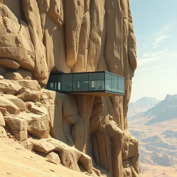 lateral view, glass house built on the side of a vertical cliff, brutalist architecture, desert, digital painting, detailed, highly detailed, smooth, sharp focus, 3 d rendering, octane, unreal engine, moebius, digital, maya, award winning, trending on artstation