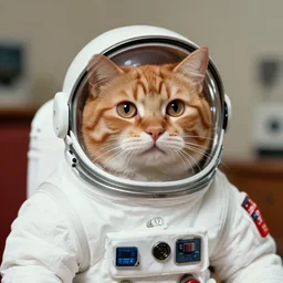 1 9 8 0's photo of ginger cat in spacesuit