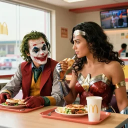 movie scene of a joker and a wonder woman eating breakfast in mcdonald's, worm lighting, sunny day, wonder woman ( 2 0 0 8 )