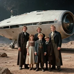 sharp, highly detailed, 9216k film, 17500mm film still from a sci fi blockbuster color movie made in 2019, set in 1860, of a family standing in front of their spaceship, on an alien planet, the family are all wearing 1860s era clothes, good lighting, in focus, 350mm f/1.4L lens