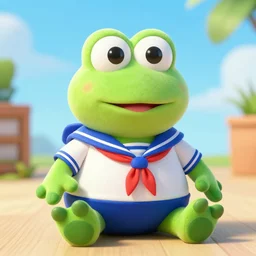 stuffed animal frog wearing a sailor suit, cute, photography,