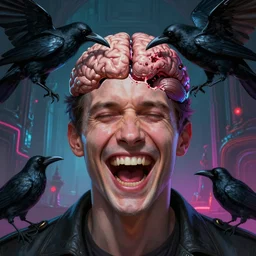 a close - up portrait shot of a man who's laughing hysterically while his brain is being eaten by a crow, cult dystopian neon environment, intricate, elegant, highly detailed, centered, digital painting, artstation, concept art, smooth, sharp focus, illustration, artgerm, tomasz alen kopera, peter mohrbacher, donato giancola, joseph christian ley