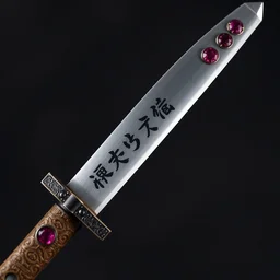 kunai inset with rubies, kanji on the blade