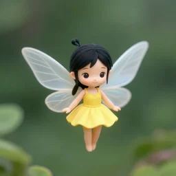 tiny flying black haired fairy wearing a yellow dress