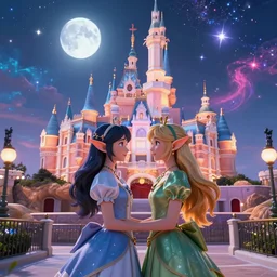 two beautiful elf girls on a first date in the astral disneyland realm, holding each other, in the background is the astral disneyland resort, with a colorful universe behind it, the moon of disney spirits shines overhead, festive atmosphere, epic fantasy, ultra hd render, + 4 k uhd + very crisp and clear image, artstation, romantic, style of final fantasy