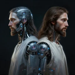 symmetrical digital painting of modern jesus with cybernetic implants, dark background, rim lighting, trending on artstation