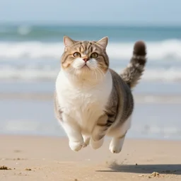 bloated cat floating in the air at the beach